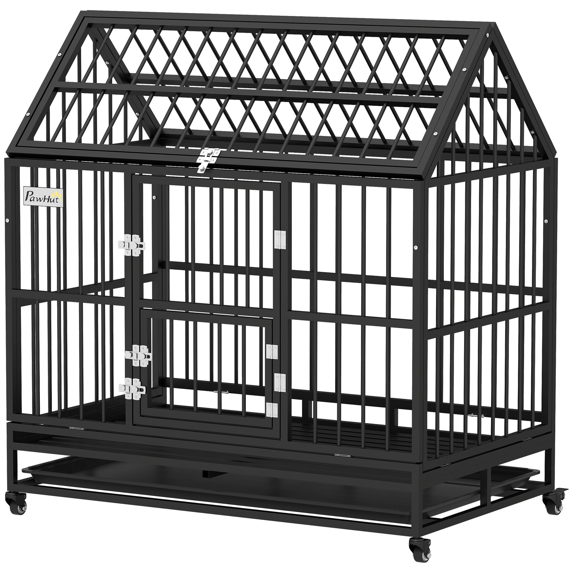 HKM-4744509 Heavy Duty 48" Dog Crate with Double Doors, Lockable Wheels, and Removable Tray for Large Dogs