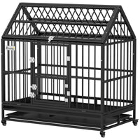HKM-4744509 Heavy Duty 48" Dog Crate with Double Doors, Lockable Wheels, and Removable Tray for Large Dogs
