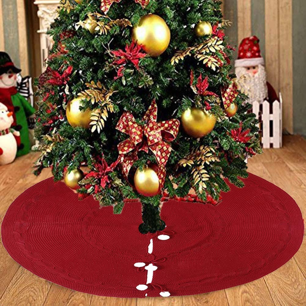 HKM-474963 Elegant Wine Red Christmas Tree Skirt - 120CM Acrylic Decoration for Home & Holiday Display