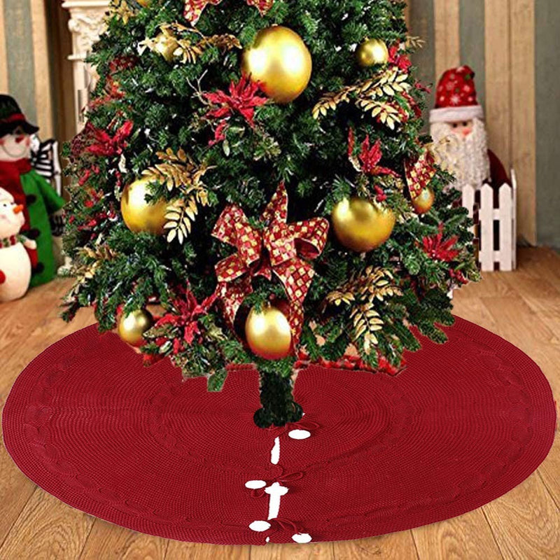 HKM-474963 Elegant Wine Red Christmas Tree Skirt - 120CM Acrylic Decoration for Home & Holiday Display