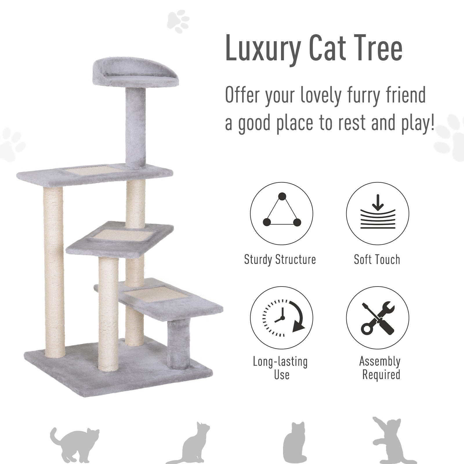 HKM-4749885 5-Level Cat Tree Tower with Scratching Post, Climbing Perches and Resting Space - Gray