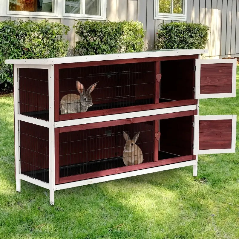 HKM-4750269 Large 2-Story Rabbit Hutch with Lockable Doors and Removable Floor Trays for Small Animals