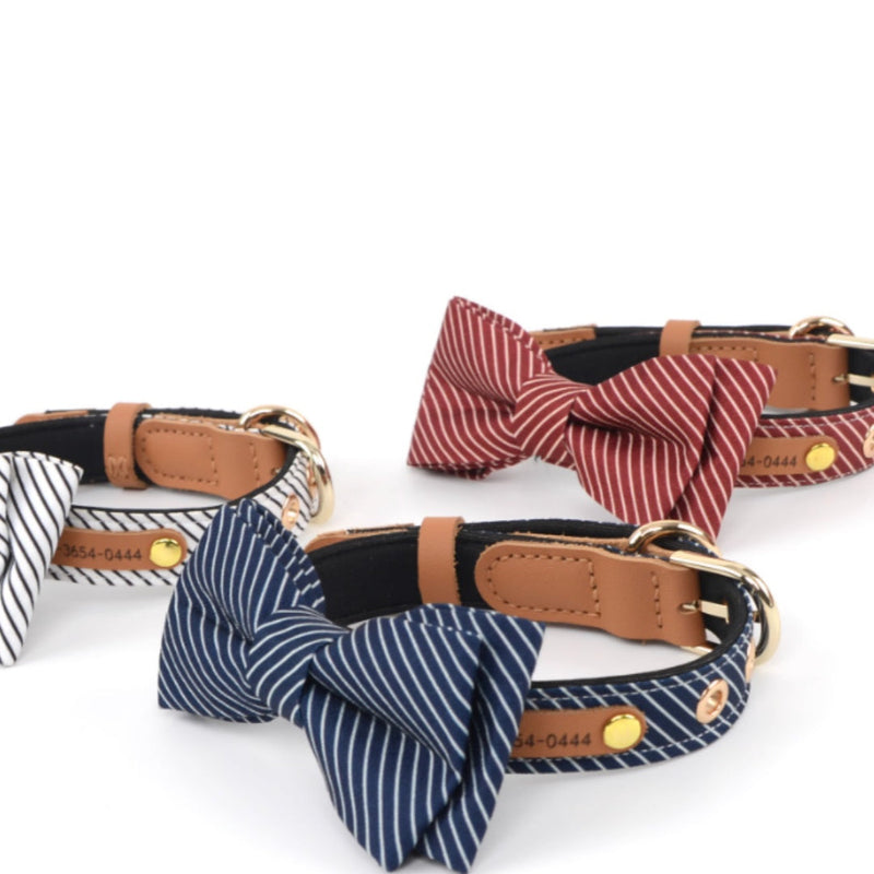 HKM-4754365 Detachable Bow Dog Collar in White, Wine Red, and Dark Blue - Personalized Options Available