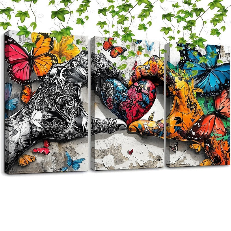 HKM-475603 Framed 3pcs Love Heart Graffiti Canvas Wall Art Set for Living and Dining Room Decor