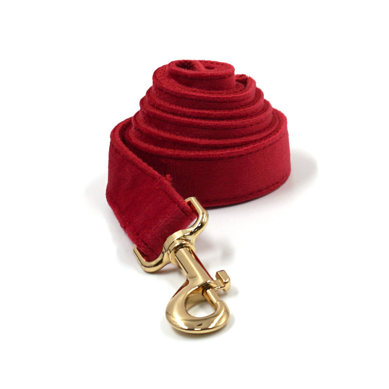 HKM-4756157 Red Thick Velvet Pet Collar and Leash Set with Gold Buckle and Bow Tie for Christmas