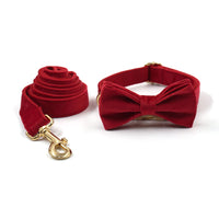 HKM-4756157 Red Thick Velvet Pet Collar and Leash Set with Gold Buckle and Bow Tie for Christmas