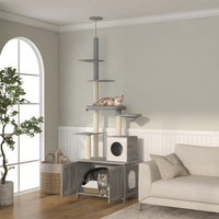 HKM-475667 Gray Cat Tree with Litter Box Enclosure, Adjustable Floor-to-Ceiling Cat Tower with Condo, Hammock, and Scratching Posts
