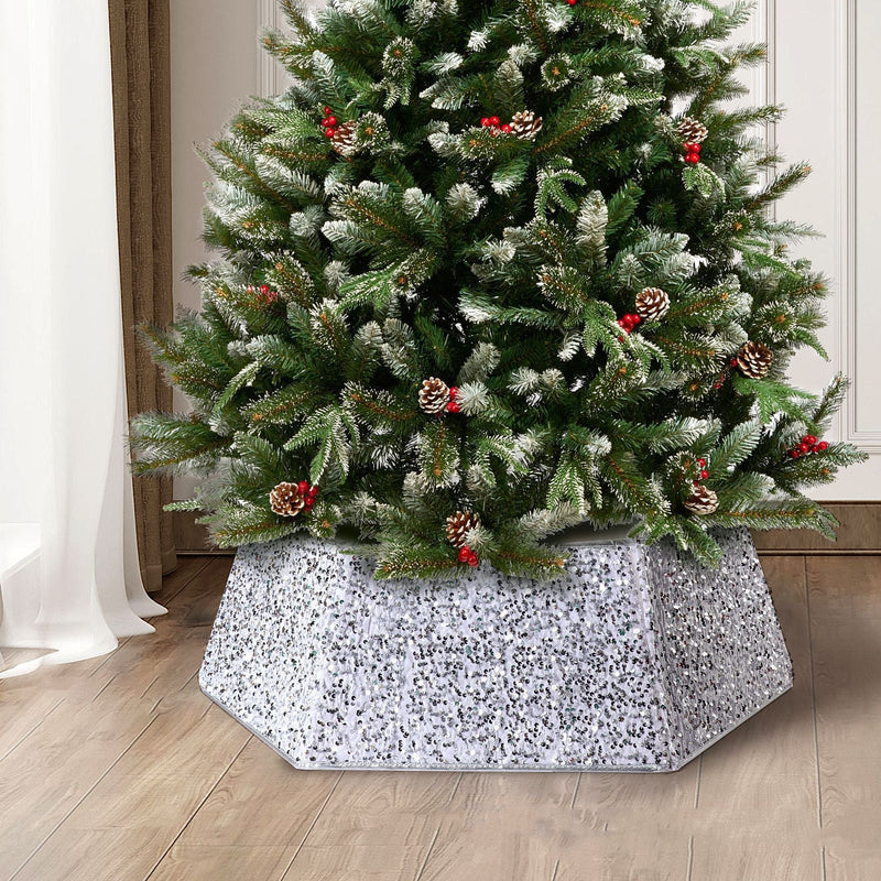 HKM-475795 Sequin Christmas Tree Skirt in Gold, Silver, and Red Paillette Designs