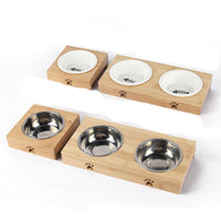HKM-4758333 Bamboo Frame Double Bowl Set for Cats and Small Dogs - Ceramic and Stainless Steel