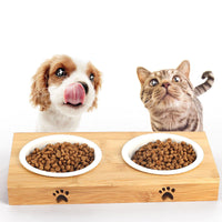HKM-4758333 Bamboo Frame Double Bowl Set for Cats and Small Dogs - Ceramic and Stainless Steel
