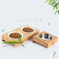 HKM-4758333 Bamboo Frame Double Bowl Set for Cats and Small Dogs - Ceramic and Stainless Steel