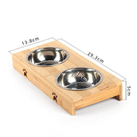 HKM-4758333 Bamboo Frame Double Bowl Set for Cats and Small Dogs - Ceramic and Stainless Steel