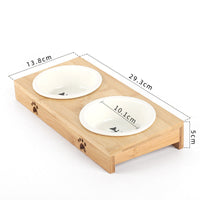 HKM-4758333 Bamboo Frame Double Bowl Set for Cats and Small Dogs - Ceramic and Stainless Steel