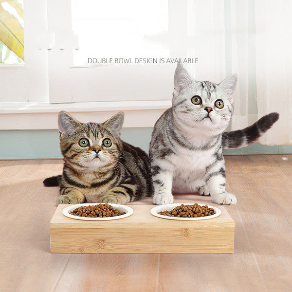 HKM-4758333 Bamboo Frame Double Bowl Set for Cats and Small Dogs - Ceramic and Stainless Steel