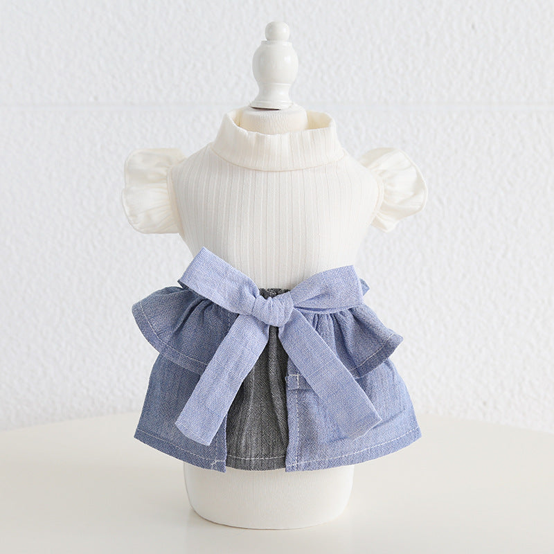 HKM-4762685 Cotton Linen Denim Blue Pet Skirt with Flounced Sleeves in Multiple Sizes