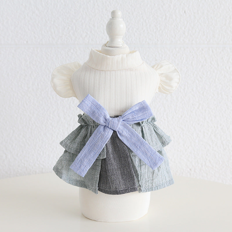 HKM-4762685 Cotton Linen Denim Blue Pet Skirt with Flounced Sleeves in Multiple Sizes