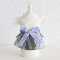 HKM-4762685 Cotton Linen Denim Blue Pet Skirt with Flounced Sleeves in Multiple Sizes