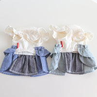 HKM-4762685 Cotton Linen Denim Blue Pet Skirt with Flounced Sleeves in Multiple Sizes