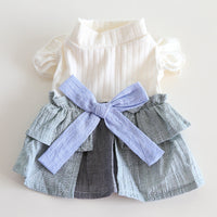 HKM-4762685 Cotton Linen Denim Blue Pet Skirt with Flounced Sleeves in Multiple Sizes