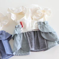 HKM-4762685 Cotton Linen Denim Blue Pet Skirt with Flounced Sleeves in Multiple Sizes