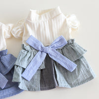 HKM-4762685 Cotton Linen Denim Blue Pet Skirt with Flounced Sleeves in Multiple Sizes