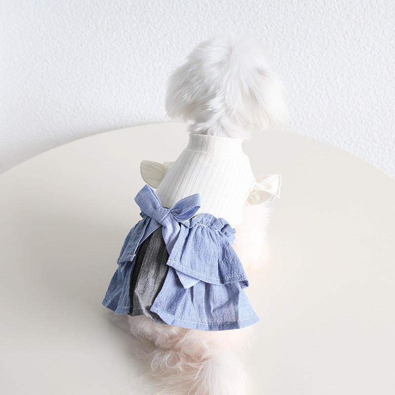 HKM-4762685 Cotton Linen Denim Blue Pet Skirt with Flounced Sleeves in Multiple Sizes