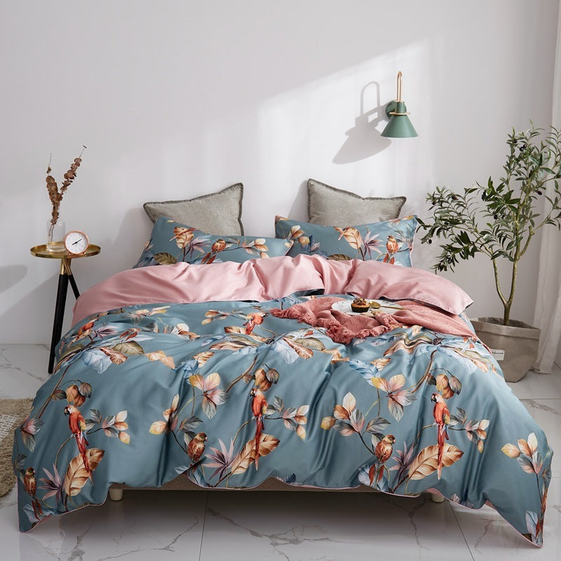 HKM-476435 Long-Staple Cotton Four-Piece Satin Sheet Set with Duvet Cover - Floral Design