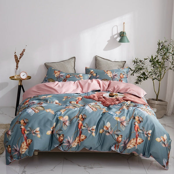 HKM-476435 Long-Staple Cotton Four-Piece Satin Sheet Set with Duvet Cover - Floral Design