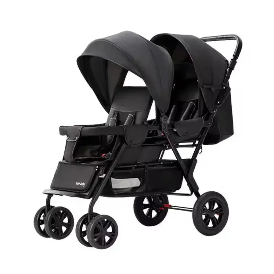 HKM-4765011 black tandem twin stroller with two seats in a row