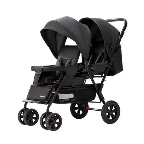 HKM-4765011 black tandem twin stroller with two seats in a row