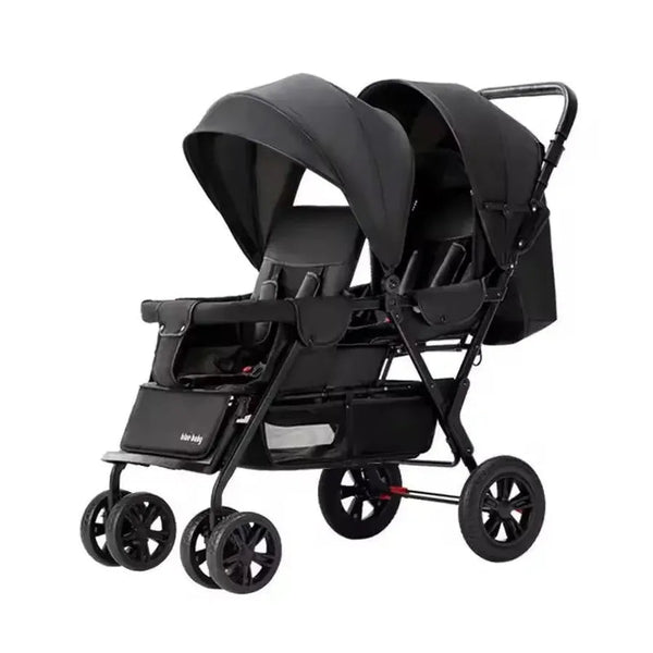 HKM-4765011 Lightweight Folding Tandem Twin Stroller with Adjustable Seats Dual Canopies Cup Holders and Storage Basket