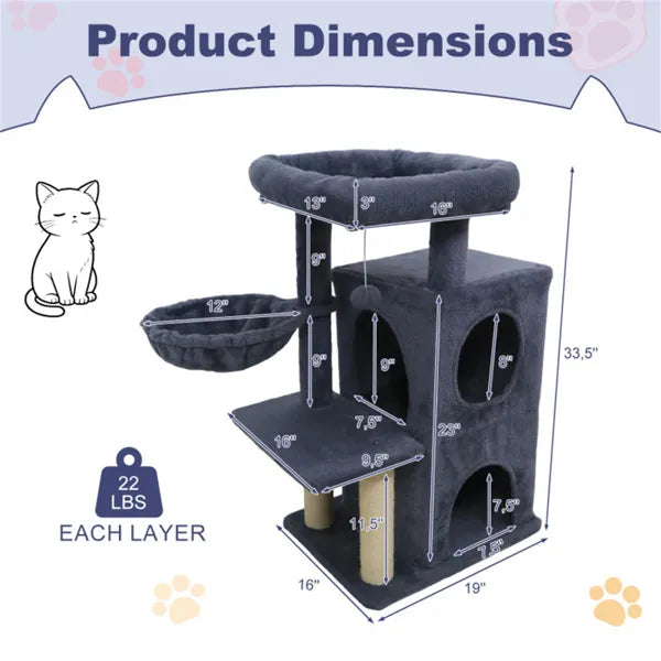 HKM-4767549 Dark Gray Multi-Level Cat Tree with 2-Tier Condo, Sisal Scratching Posts, and Anti-Toppling Device