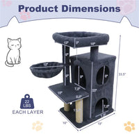 HKM-4767549 Dark Gray Multi-Level Cat Tree with 2-Tier Condo, Sisal Scratching Posts, and Anti-Toppling Device