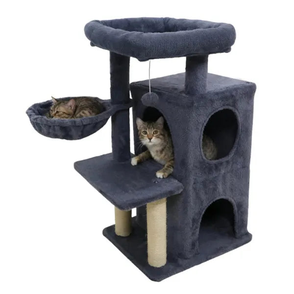 HKM-4767549 Dark Gray Multi-Level Cat Tree with 2-Tier Condo, Sisal Scratching Posts, and Anti-Toppling Device