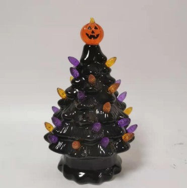 HKM-476947 Ceramic Halloween Pumpkin Tree Decoration - Glazed White Pottery Ornament