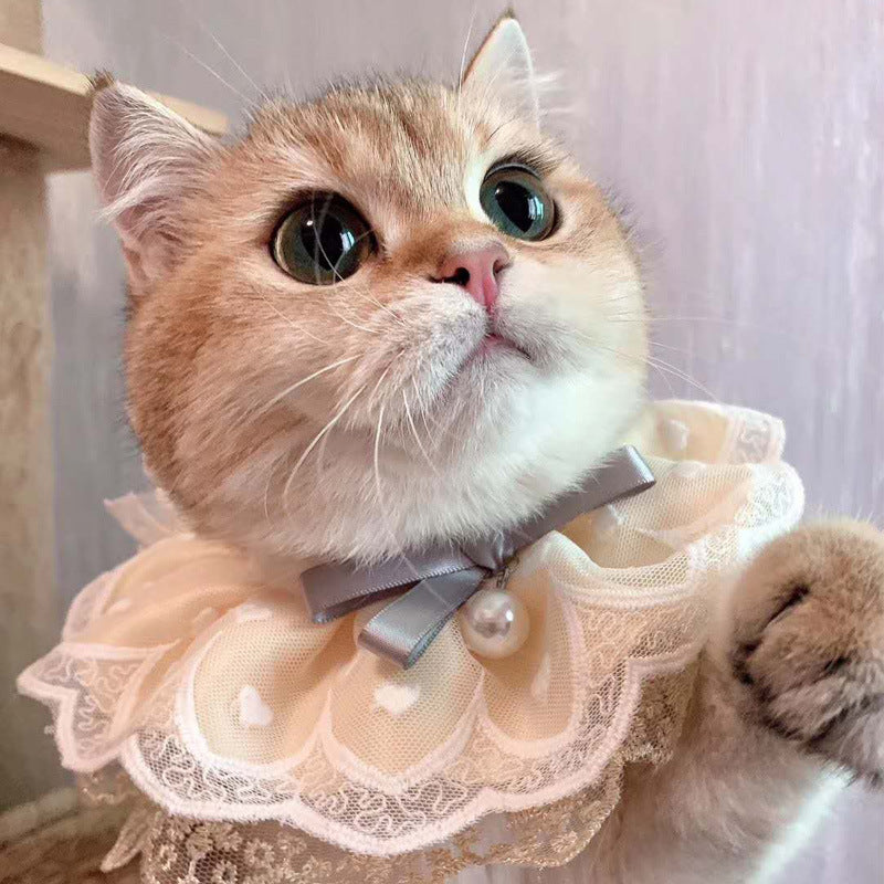 HKM-4769853 Cat Bib with Lace Trim - Cotton Polyester Saliva Towel - Universal Princess Style