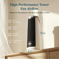 HKM-4771155 Bladeless Tower Fan, 20dB Quiet Mini Oscillating Fan, 5-Speed with 12H Timer, Portable Design, White