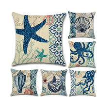 HKM-477203 Hand-Painted Marine Coral Seahorse Starfish Linen Print Pillowcase Cover 45x45cm