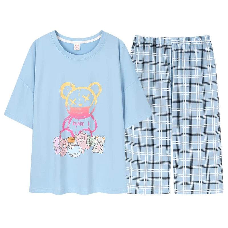 HKM-477203 Women's Cotton Short-sleeved Seven-point Pants Summer Home Service Suit Women's Loose Hedging Cartoon Pajamas
