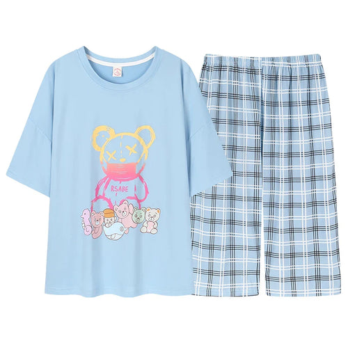 HKM-477203 Women's Cotton Short-sleeved Seven-point Pants Summer Home Service Suit Women's Loose Hedging Cartoon Pajamas