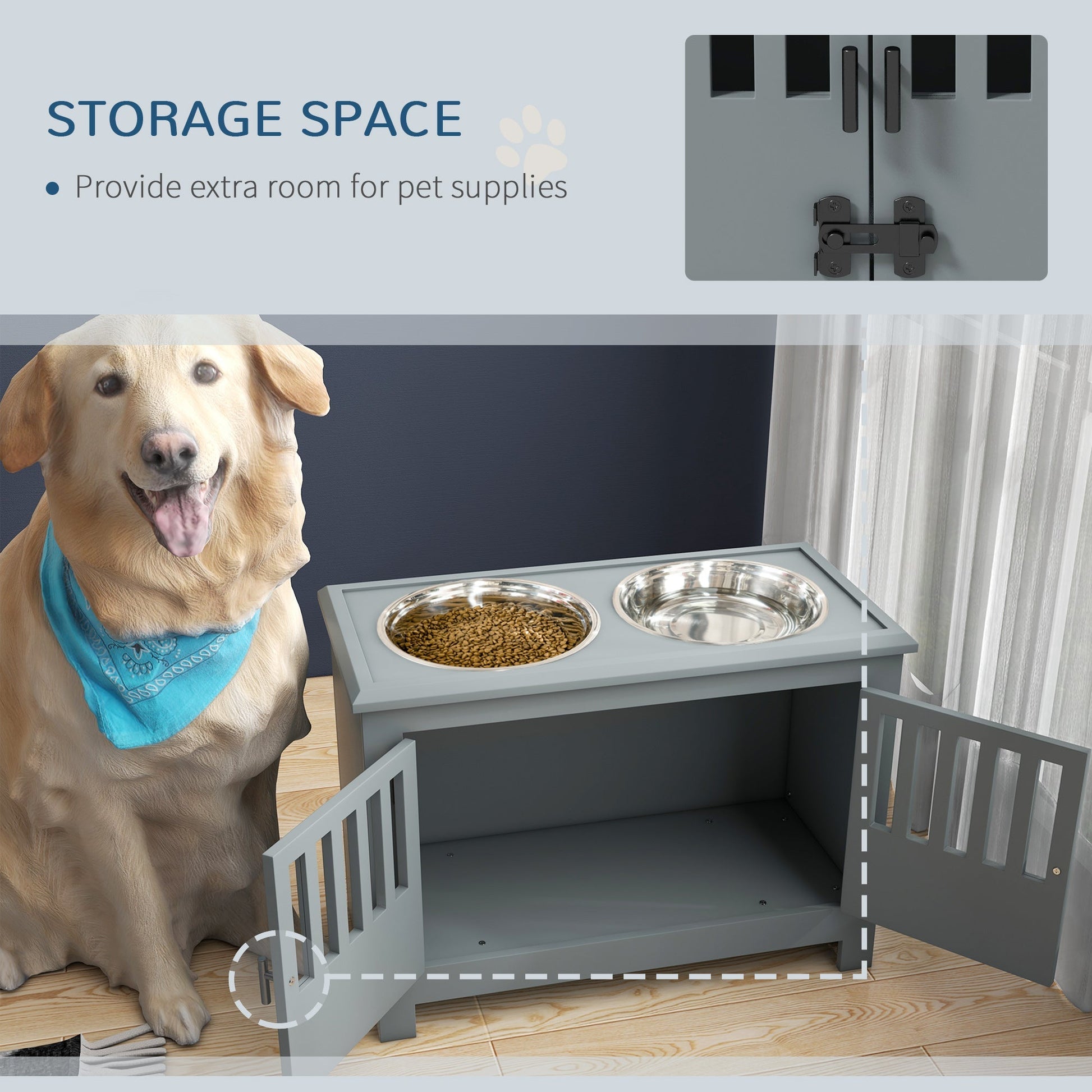 HKM-4773821 Gray Dog Food Storage Cabinet with Bowls and Feeding Station for Large Dogs