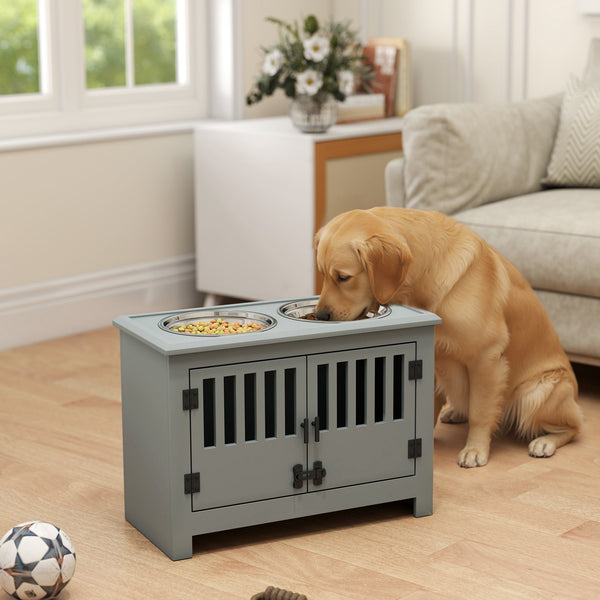 HKM-4773821 Gray Dog Food Storage Cabinet with Bowls and Feeding Station for Large Dogs