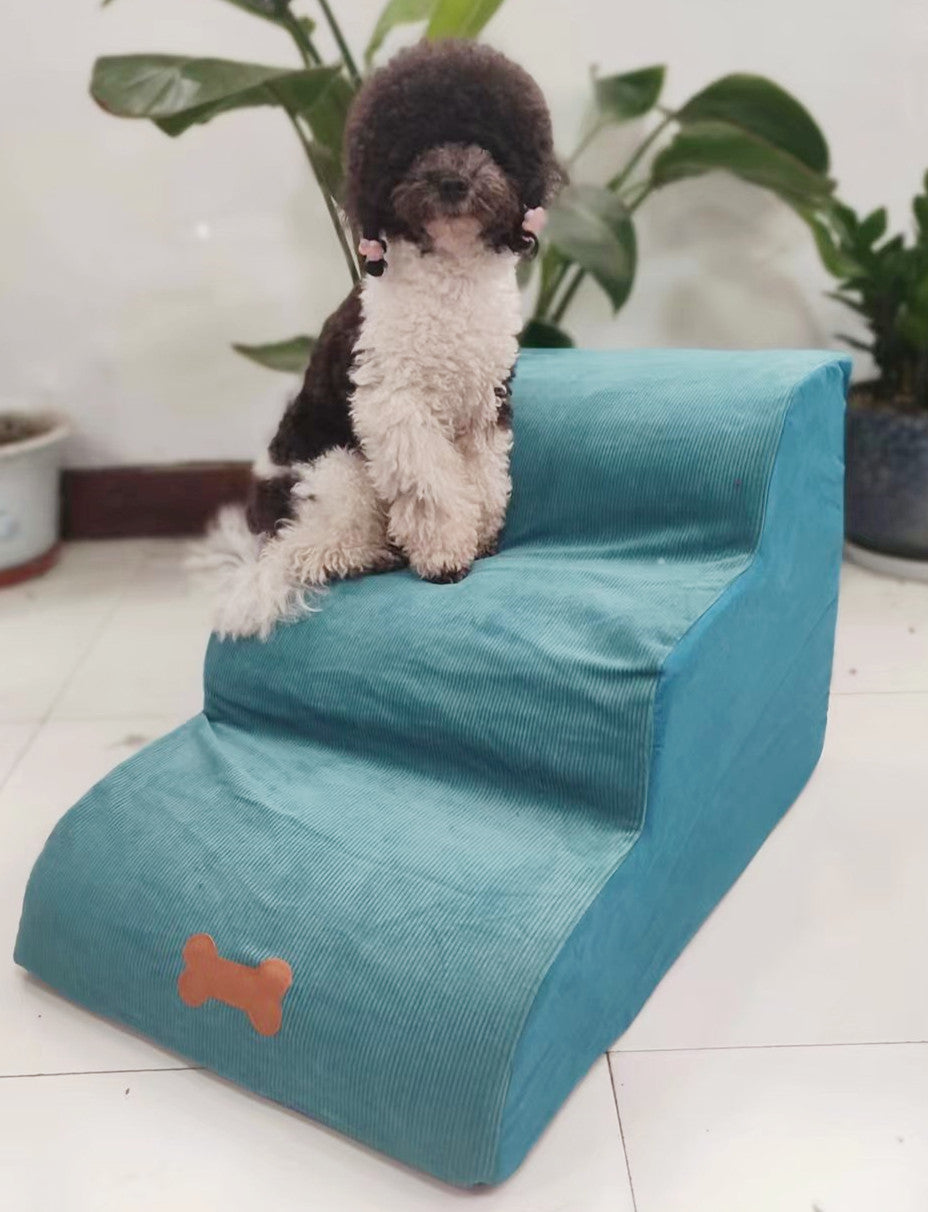 HKM-4776893 Washable Pet Stairs with Removable Flannel Cushion - 3-Tiered Soft Sponge Ladder for Small Dogs
