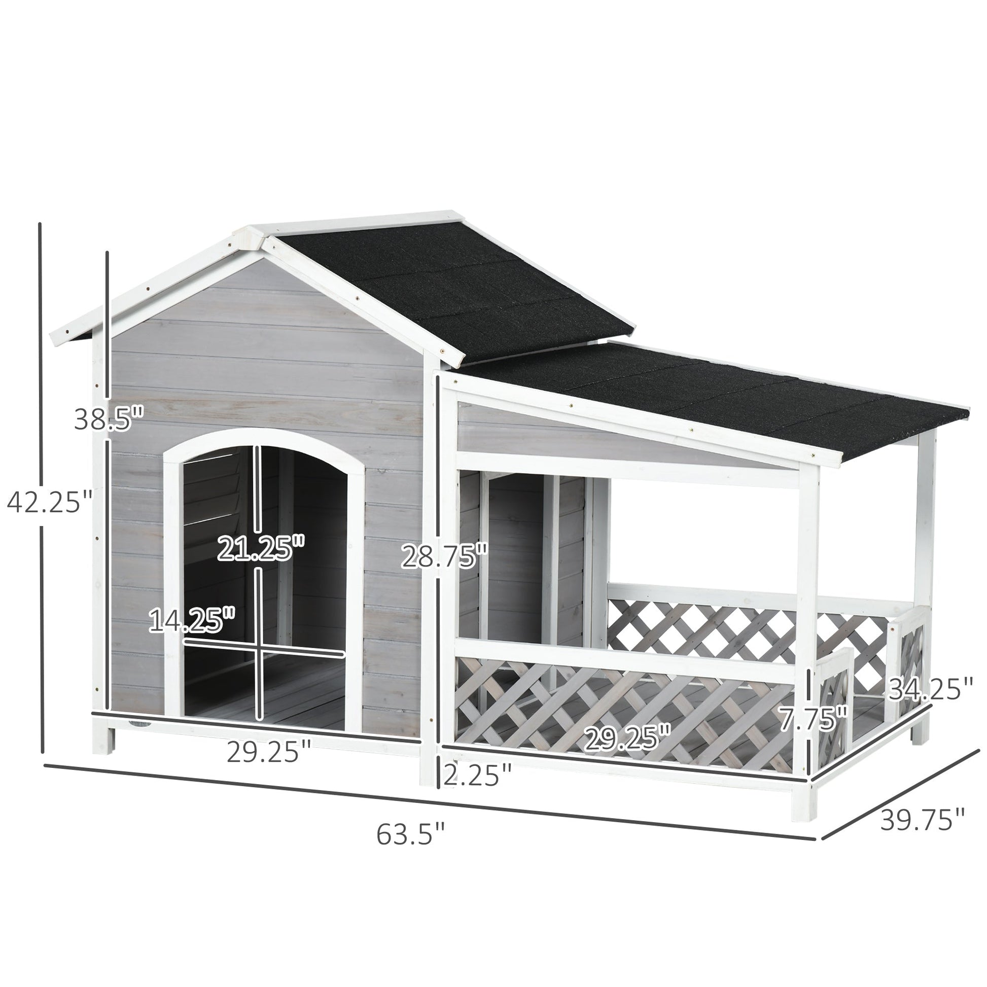 HKM-4777277 Wooden Raised Dog House with Porch and Asphalt Roof for Medium to Large Dogs, Light Gray