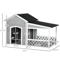 HKM-4777277 Wooden Raised Dog House with Porch and Asphalt Roof for Medium to Large Dogs, Light Gray