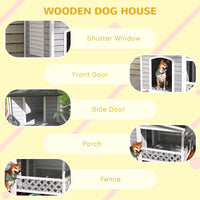 HKM-4777277 Wooden Raised Dog House with Porch and Asphalt Roof for Medium to Large Dogs, Light Gray