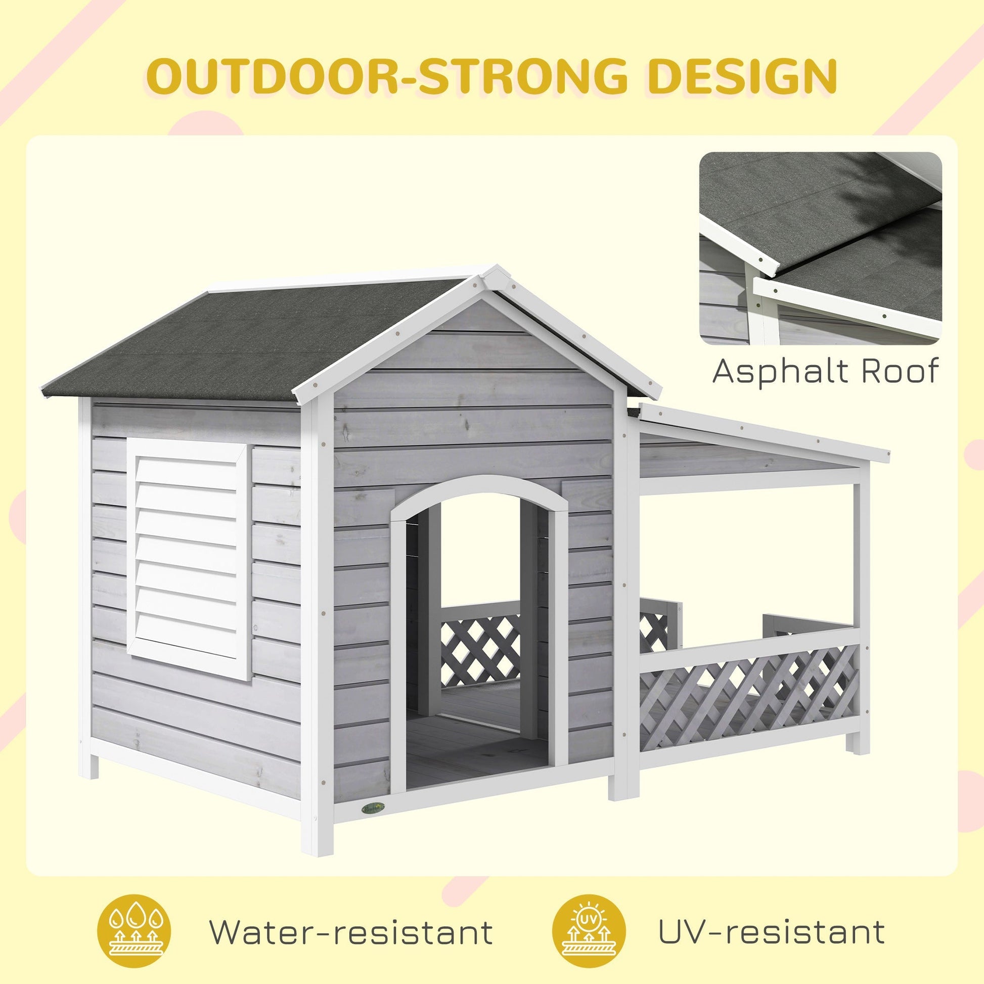HKM-4777277 Wooden Raised Dog House with Porch and Asphalt Roof for Medium to Large Dogs, Light Gray