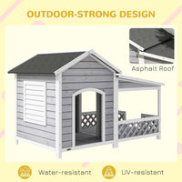 HKM-4777277 Wooden Raised Dog House with Porch and Asphalt Roof for Medium to Large Dogs, Light Gray