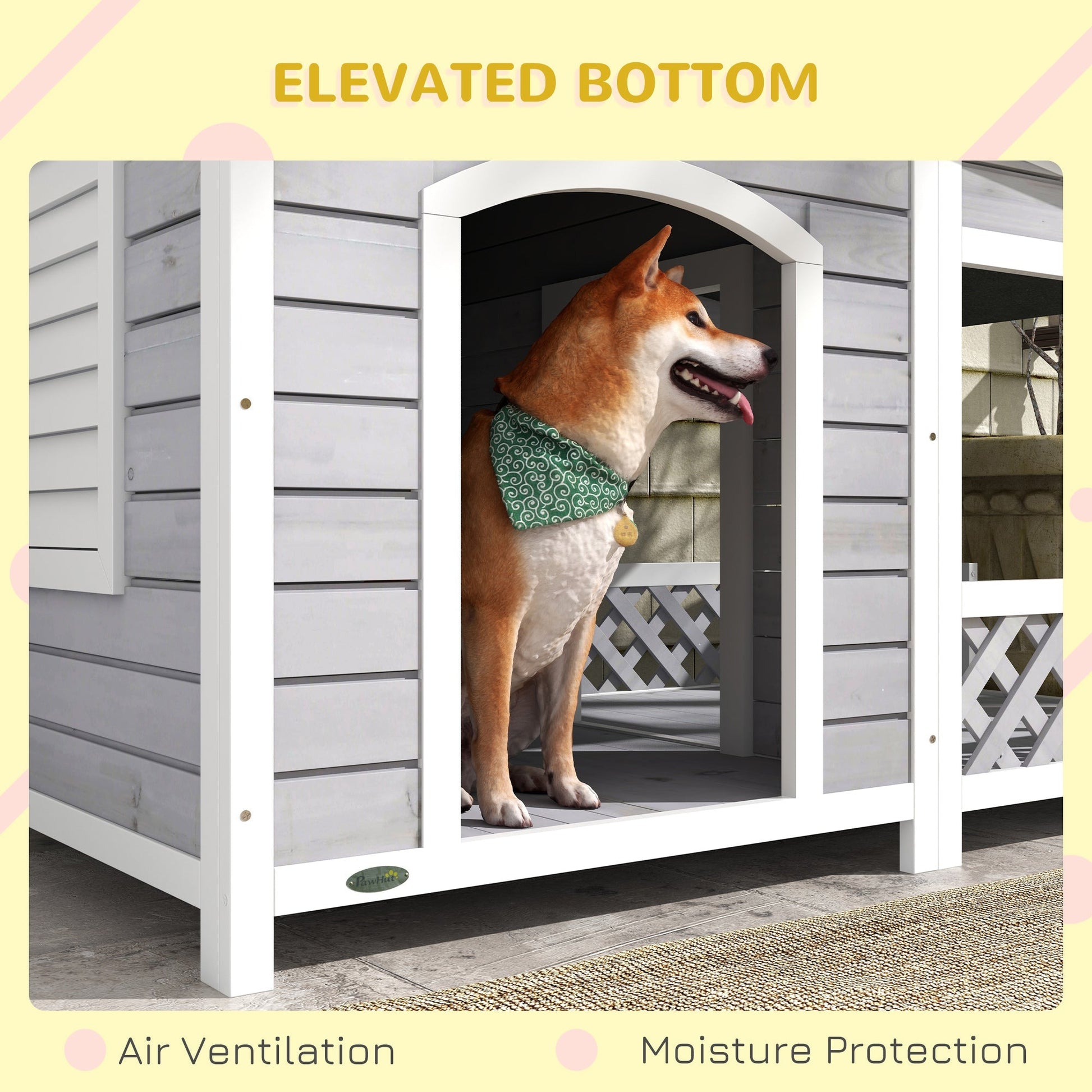 HKM-4777277 Wooden Raised Dog House with Porch and Asphalt Roof for Medium to Large Dogs, Light Gray