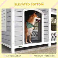 HKM-4777277 Wooden Raised Dog House with Porch and Asphalt Roof for Medium to Large Dogs, Light Gray